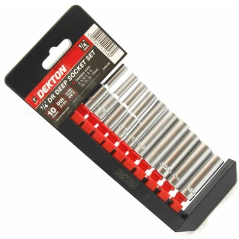 Dekton 10pc Chrome 1/4 Metric Deep Drive Long Reach Socket & Rail Set 4mm - 13mm