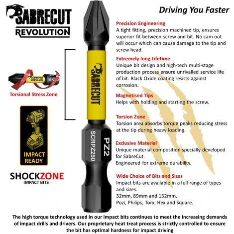 15pcs SabreCut 50mm PZ2 Impact Bits + Box SCRPZ25015B 4 15pcs SabreCut 50mm PZ2 Impact Bits + Box SCRPZ25015B - Image 2