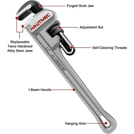 HAUTMEC Light Weight Cast Aluminum Pipe Wrench, 350mm (14 Inch), 50mm (2") Pipe Capacity, Industrial Grade HT0021-PW 4 HAUTMEC Light Weight Cast Aluminum Pipe Wrench, 350mm (14 Inch), 50mm (2") Pipe Capacity, Industrial Grade HT0021-PW - Image 2