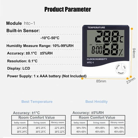 QERSTA Digital Thermometer Hygrometer Indoor Temperature Lcd Monitor Humidity Gauge Large Weather Station Alarm Clock With Calendar Hourly Reminder And Max Min Memory, HTC-1 - Image 4
