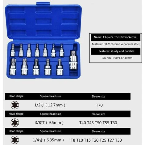 AOUGO 13pcs Torx Bit Socket Set T8-T70 S2 Hex Socket Wrenches Steel Torx Socket Shank Tool Screwdriver Bit Set 4 AOUGO 13pcs Torx Bit Socket Set T8-T70 S2 Hex Socket Wrenches Steel Torx Socket Shank Tool Screwdriver Bit Set - Image 2