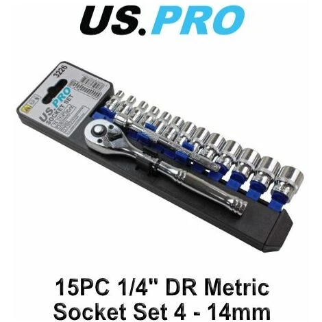 US PRO Tools 15pc 1/4''dr Metric Socket Wrench Set 4 - 14mm 3226