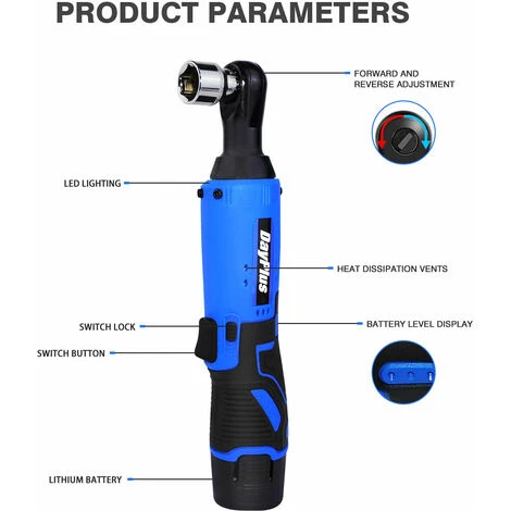 DAY PLUS Electric Cordless Ratchet 3/8 Right Angle Wrench Impact Power Tool 2 Batteries 5 DAY PLUS Electric Cordless Ratchet 3/8 Right Angle Wrench Impact Power Tool 2 Batteries - Image 3