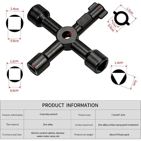 POWAY Multifunction Utility Key, 4 In 1 Multifunction Cross Key, For Gas Radiator Dash Valve Lock - 73mm, Black - Image 2