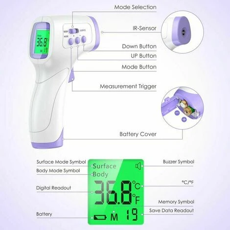 Soleil Adult Forehead Thermometer, Infrared Forehead Thermometer, Contactless Adult Thermometer, Infrared Thermometer With Fever Alert, LCD Display And Memory Function. Thermometer - Image 4