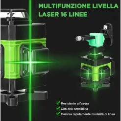 Way X 360° 4D Laser Level 16 Lines Self-balancing Level Green Rotary Horizontal Vertical Self-Leveling Tool IP54 2xRechargeable Batteries, With Tripod 7 Way X 360° 4D Laser Level 16 Lines Self-balancing Level Green Rotary Horizontal Vertical Self-Leveling Tool IP54 2xRechargeable Batteries, With Tripod -Bahco shop 98663884 2