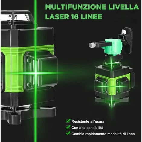 Way X 360° 4D Laser Level 16 Lines Self-balancing Level Green Rotary Horizontal Vertical Self-Leveling Tool IP54 2xRechargeable Batteries, With Tripod 4 Way X 360° 4D Laser Level 16 Lines Self-balancing Level Green Rotary Horizontal Vertical Self-Leveling Tool IP54 2xRechargeable Batteries, With Tripod - Image 2